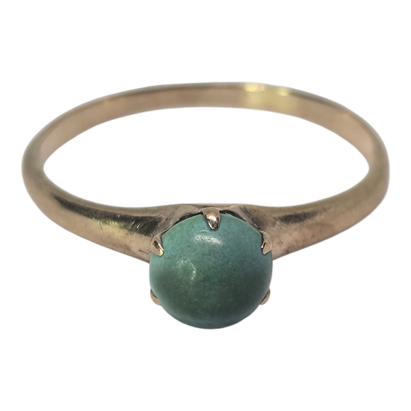 10K Yellow Gold Ring with Turquosie Like Green Cabochan Gemstone Solitair Ring